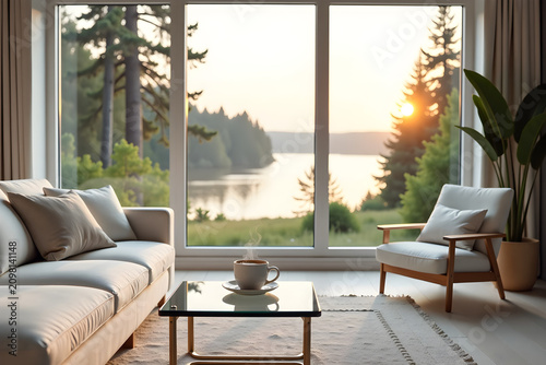 Cozy Living Room with Sofa and Coffee Table Overlooking Sunset Lake – Luxury Interior Design and Scenic Lake View