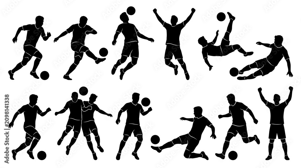 Obraz premium Dynamic Silhouettes of Soccer Players in Various Action Poses.