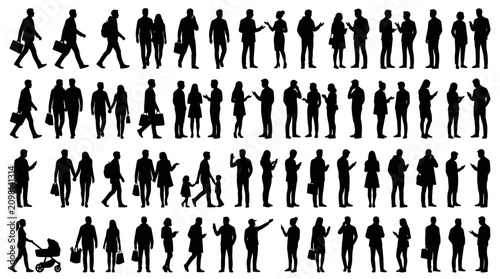 Diverse collection of people silhouettes in various poses and activities.