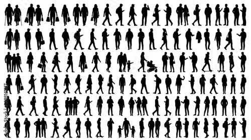 Diverse collection of human silhouettes walking and standing.