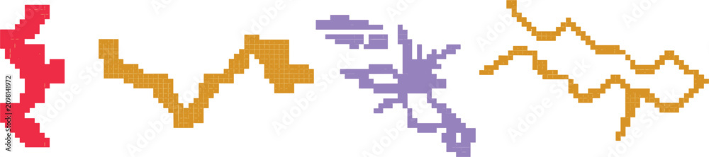 Fototapeta premium Pixel art magic spell effects, pixelated lightning bolts and energy strikes vector