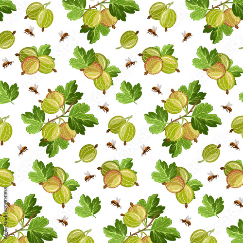 White background with bees and gooseberries.Vector seamless pattern of gooseberries on a white background with bees.