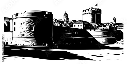 Fotografie Historic coastal fortress and old town skyline silhouette medieval city walls wi