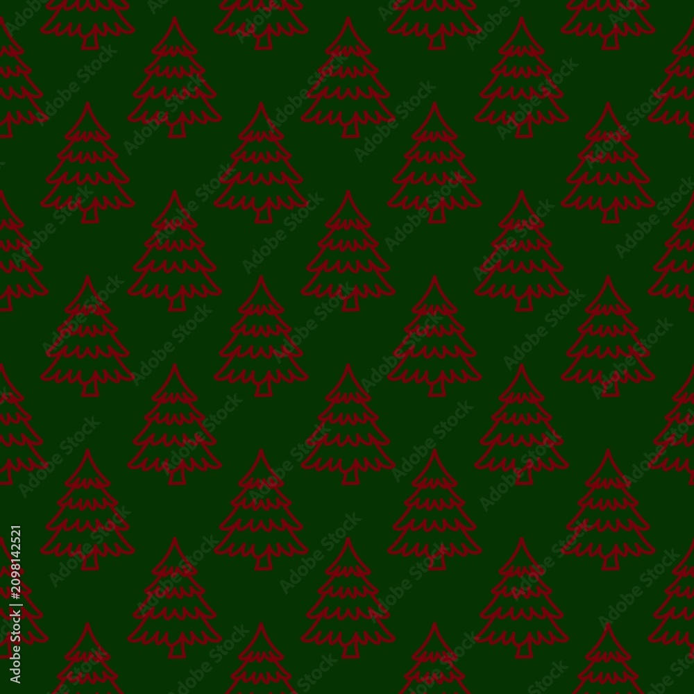 Obraz premium Red Christmas Tree Seamless Pattern on Dark Green Background