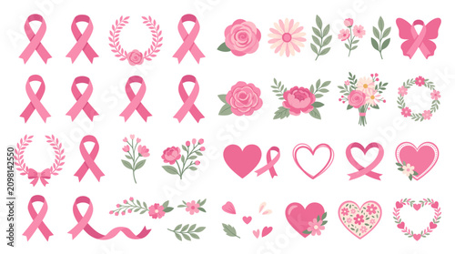 Breast cancer awareness ribbon and floral elements set. Pink ribbon vector icons for health campaigns and medical fundraising.