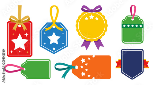 Colorful sale discount tags and gift labels set. Vibrant promotional price tags with stars and ribbons for retail marketing.