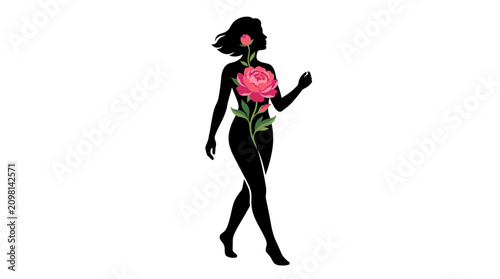 Female silhouette holding blooming pink flower. Woman in dynamic pose with nature-inspired growth element.