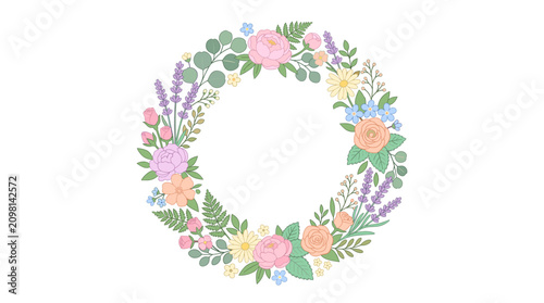 Hand-drawn floral wreath with pastel blossoms and greenery. Delicate circular botanical illustration for invitations and branding.