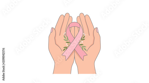 Hands holding pink breast cancer awareness ribbon. Support symbol for health charity and medical fundraising campaigns.
