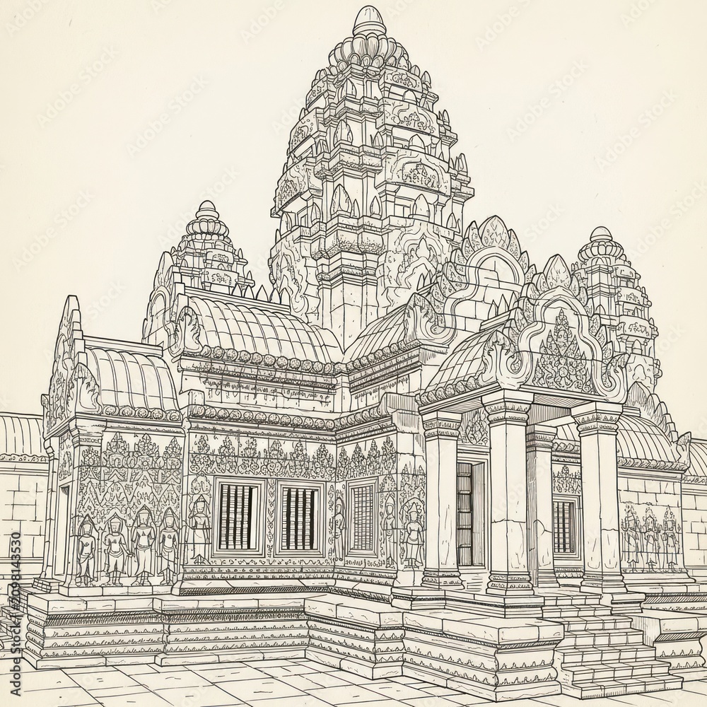 Obraz premium Detailed line drawing of an intricate ancient temple structure with multiple towers