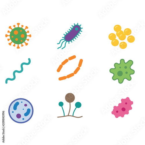 Collection of microorganism, bacteria, virus, amoeba, fungi, protozoa, cell and microbe flat vector icons. Medical, biology and microbiology illustration isolated on white background