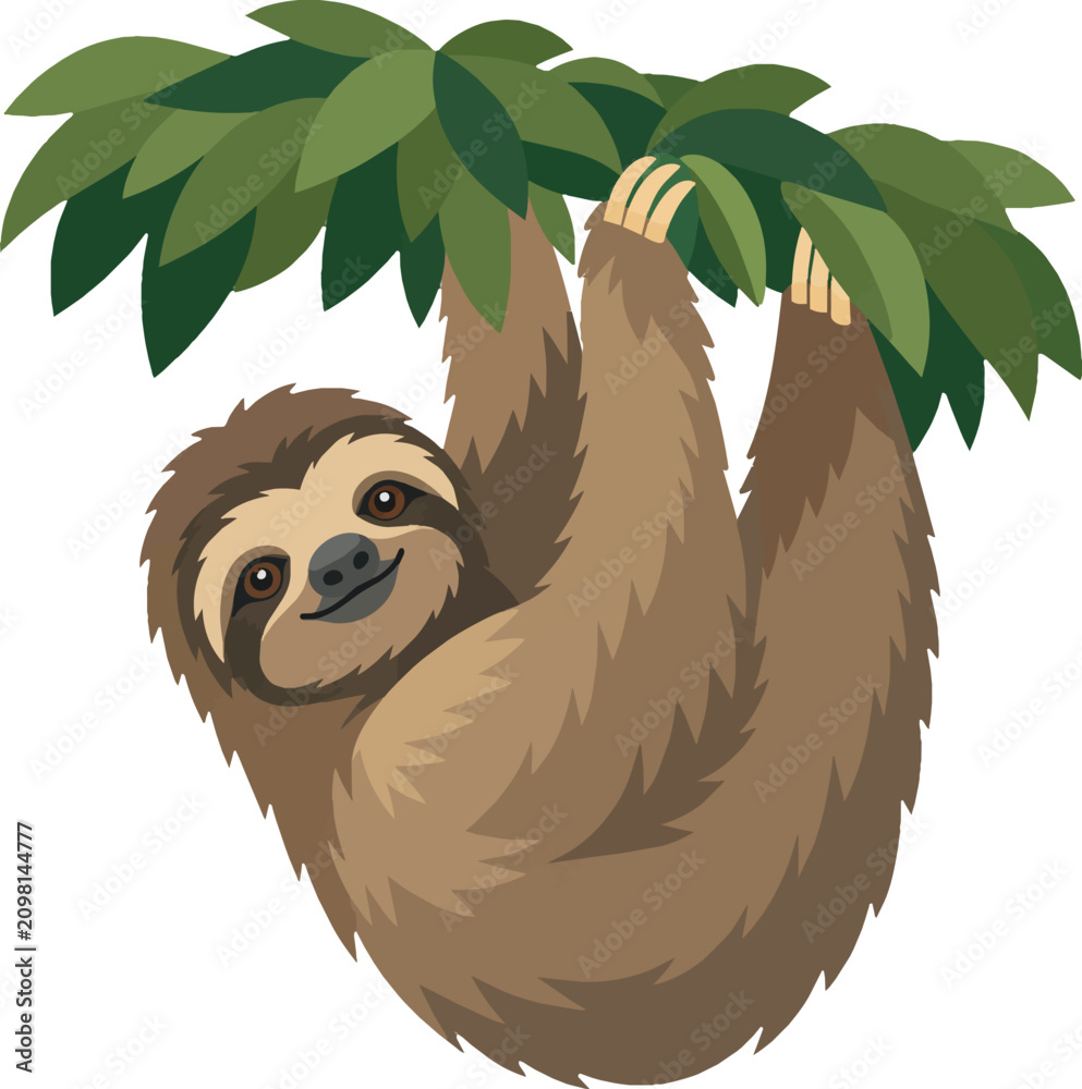 Fototapeta premium Sloth hanging from canopy in three-quarter view, relaxed pose, slow movement, flat vector illustration