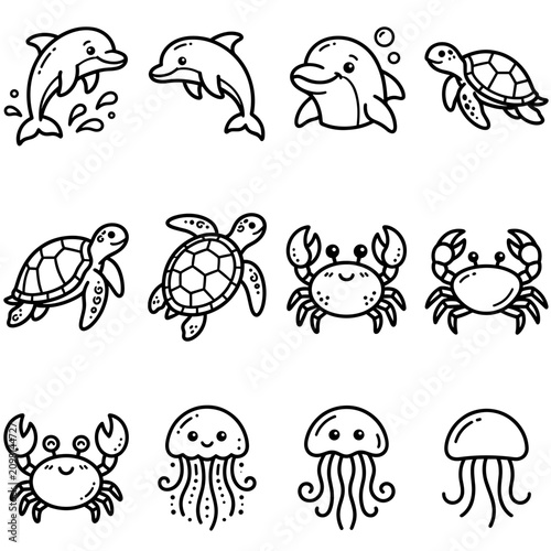 Ocean Animals Icon Set - Cute Dolphin Turtle Crab Jellyfish Vector SVG On a Transparent Background