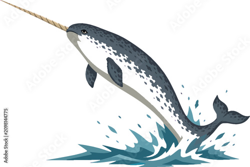 Canvas-taulu Narwhal breaching Arctic water, side view full body with majestic tusk, flat vec
