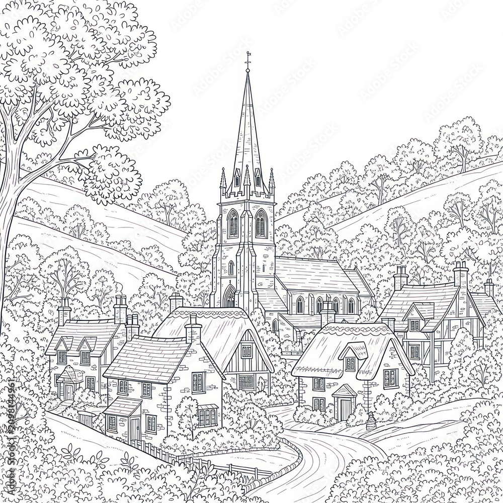 Obraz premium Scenic village landscape with church, trees, and hilly terrain