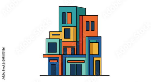 Colorful stacked building architecture illustration.