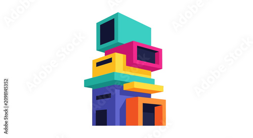 Colorful stacked computer television monitors.
