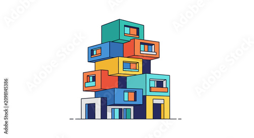 Colorful stacked cube shaped buildings.