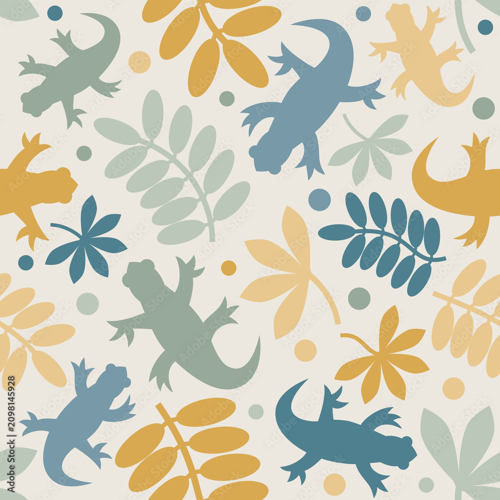 Obraz premium Pattern with Tropical Leaves and Lizards. Seamless Decorative Background.