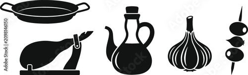 Quadro su tela Spanish Food Gastronomy Silhouette Icon Set Featuring Paella Pan, Jamon Iberico,