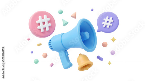 3D Megaphone with Hashtags and Notification Bell for Social Media