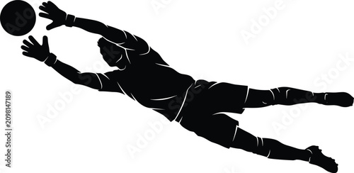 Konstfotografi Black silhouette of a professional soccer goalkeeper diving in mid-air to catch the ball, isolated on white