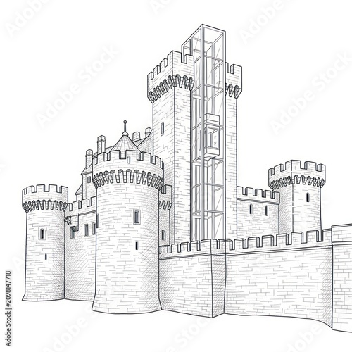 A detailed drawing of a medieval stone castle with towers and battlements