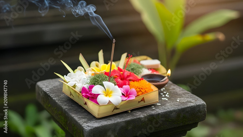 Traditional Balinese Canang Sari offering with colorful flowers and burning incense stick on stone pillar in Bali Indonesia