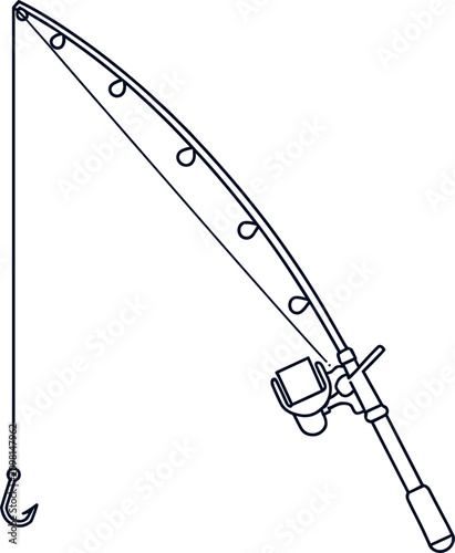 Fishing rod with reel and hook line art vector illustration, minimalist angling equipment icon