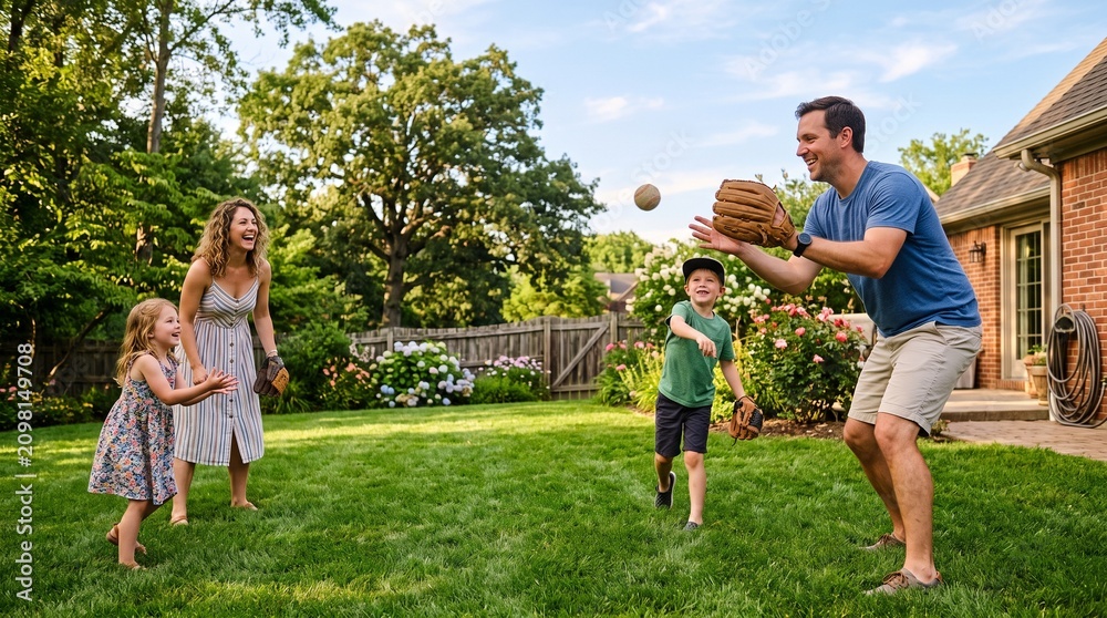 Fototapeta premium Happy family playing baseball in backyard on sunny day with green grass and blooming flowers