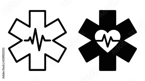 Vector illustration of medical star of life icons with heartbeat pulse line and heart shape on a transparent background