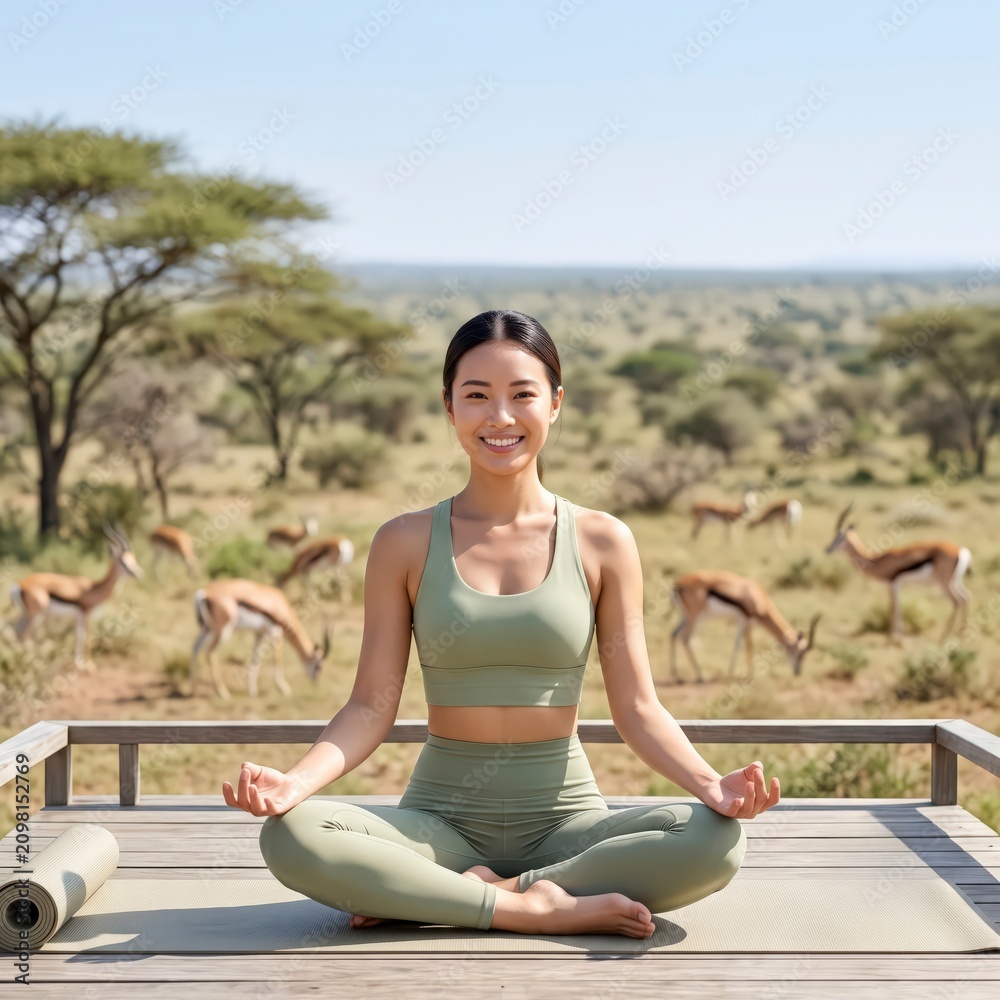 Fototapeta premium Woman practicing yoga on a wooden deck in the African savanna with gazelles