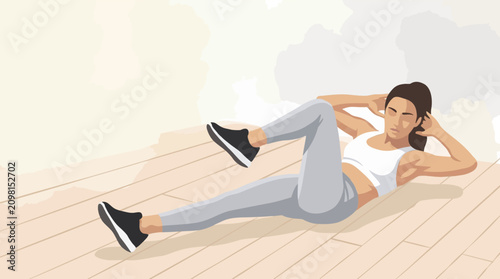 Woman doing bicycle crunch workout at home on wooden floor - Concept of Hobby  