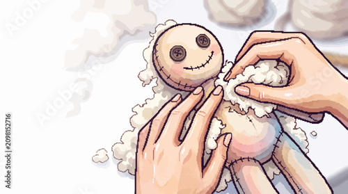 Hands stuffing a handmade doll with cotton fibers in a craft setting  