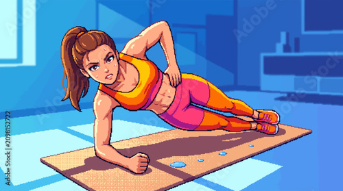 Young woman exercising with side plank at home in colorful gym wear  