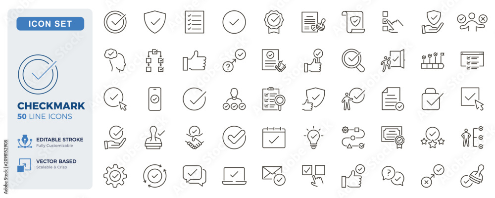 Obraz premium Checkmark icon set. Approval, verification, confirmation and task completion thin line icons. Editable stroke vector illustrations.