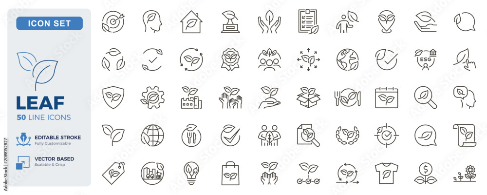 Fototapeta premium Leaf icon set. Eco, sustainability, ESG, ecology and green business thin line icons. Editable stroke vector illustrations.