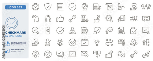 Checkmark icon set. Approval, verification, confirmation and task completion thin line icons. Editable stroke vector illustrations.