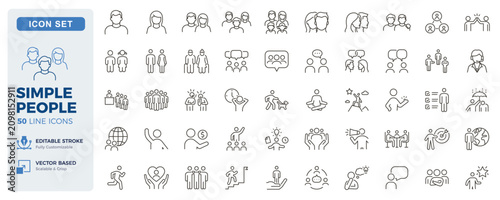 People icon set. Community, communication, society, family, teamwork and social interaction thin line icons. Editable stroke vector illustrations.