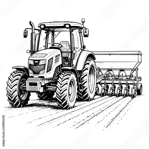 Hand Drawn Vintage Farm Tractor Pulling Seed Drill Vector Illustration