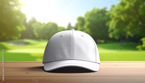 A blank white baseball cap sitting on a wooden surface with a blurred golf course background. Blank dad cap for mockup design.