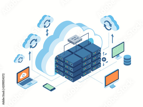 Isometric cloud data storage server with digital devices connecting. 3D network infrastructure for secure online computing and remote access soluti...
