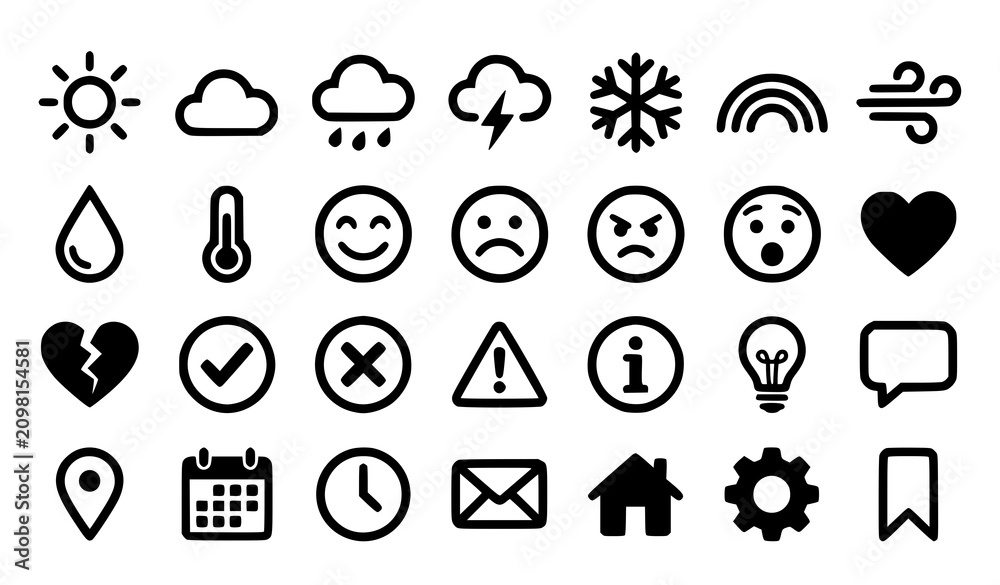 Fototapeta premium Minimal black flat vector icon set featuring weather emotion and universal symbols isolated on white background