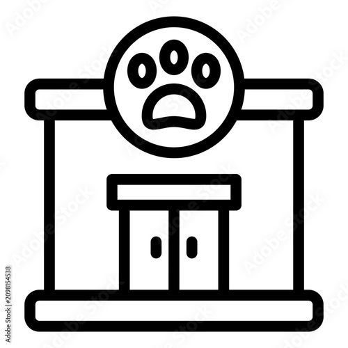 pet shop outline icon. storefront building with paw sign above entrance. used to represent store that sell pet product and supply. cat and pet care