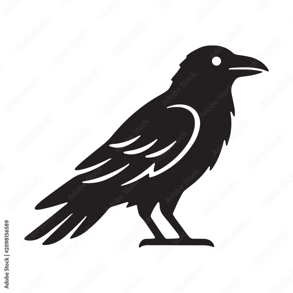 Fototapeta premium Detailed black silhouette of a sitting raven bird with a crisp vector graphic illustration
