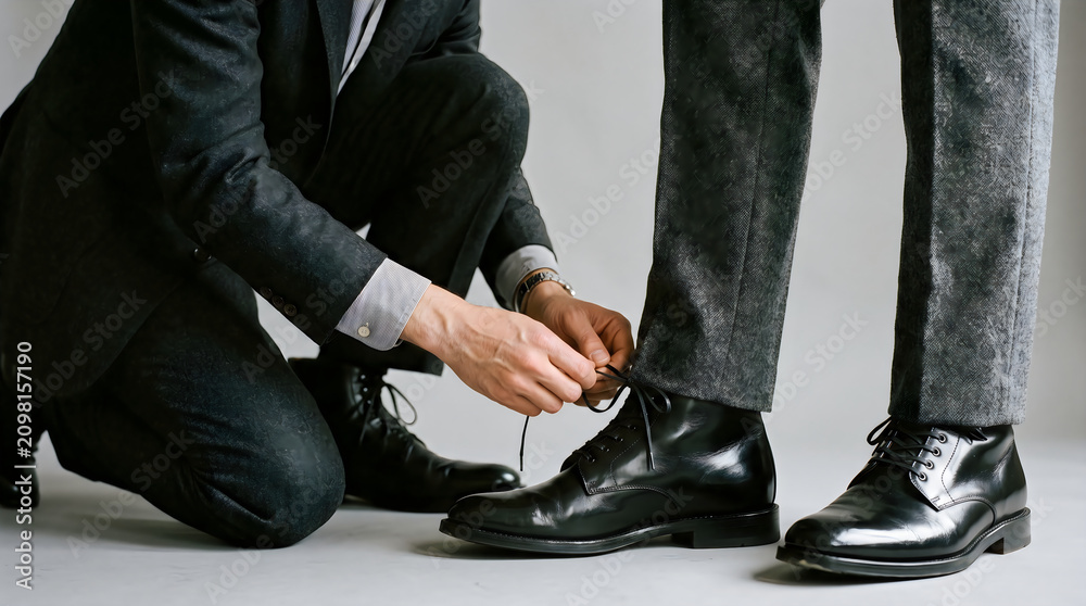Fototapeta premium Man in Suit Tying Shoelaces of Another Person in Studio