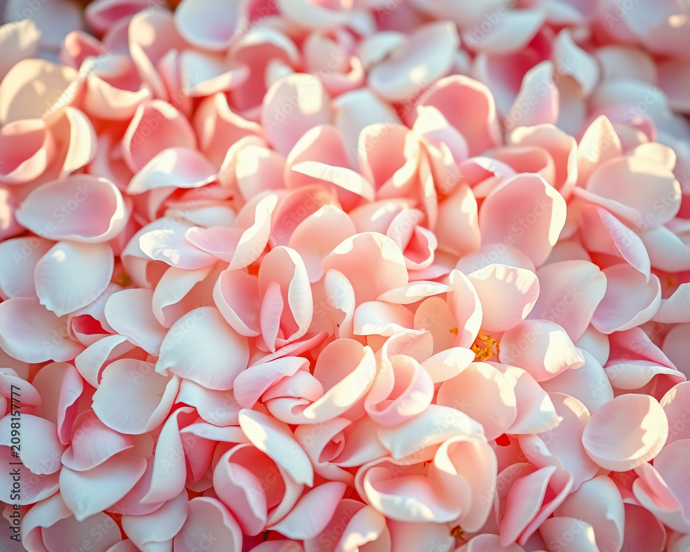 Obraz premium Fond floral avec gros plan sur des pétales de fleurs roses et saumon en couleurs pastels douces, texture botanique délicate et colorée