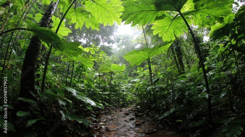 Fototapeta premium A verdant forest path lined with large, fan-shaped green leaves forming a natural canopy, bathed in soft sunlight