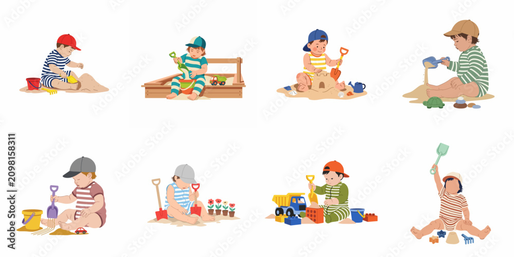Fototapeta premium Set of eight flat vector illustrations of cute toddlers playing with sand, shovels, buckets, and toys in sandboxes and on the beach.