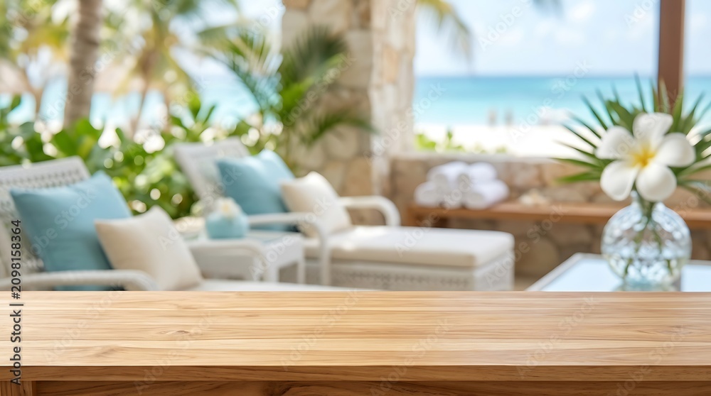 Fototapeta premium Empty wooden tabletop for product display with blurred tropical resort background for luxury travel advertising banner.